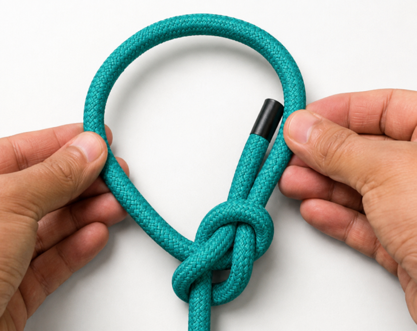 Hands tying a bowline knot in teal climbing rope